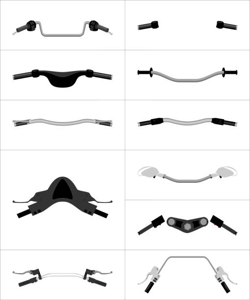 Motorcycle handle bars different view isolated on white color vector illustration Different kinds of motorcycles iron handle bars with grips and levers top, back, front view isolated on white color vector illustration gripping bars stock illustrations