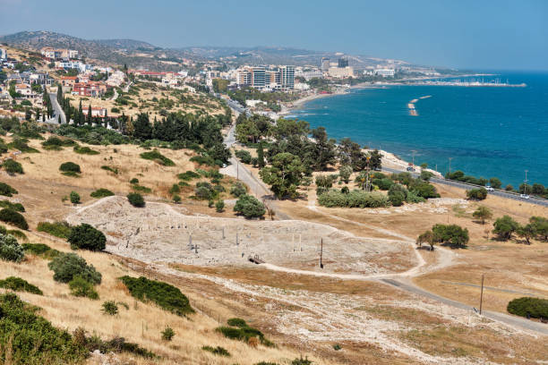 ruins of sanctuary of apollo hylates located at the beach of mediterranean sea. near an ancient greek town of kourion. limassol, episkopi, cyprus - sanctuary of apollo international landmark sunny sunlight imagens e fotografias de stock