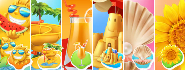 istock Summer vacation. Sun, water slide, cocktail, sand castle, pearl shell, sunflower. 3d vector icon set 1179999689