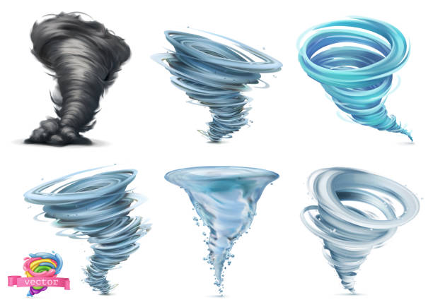 ilustraciones, imágenes clip art, dibujos animados e iconos de stock de tornado. huracán. conjunto de iconos vectoriales 3d - manga de viento