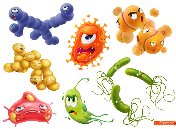 ilustraciones, imágenes clip art, dibujos animados e iconos de stock de virus, bacterias. diplococcus, estreptococo, helicobacter pylori, neumococo, staphylococcus aureus. divertido monstruo, personaje de dibujos animados. conjunto de iconos vectoriales 3d - pylori