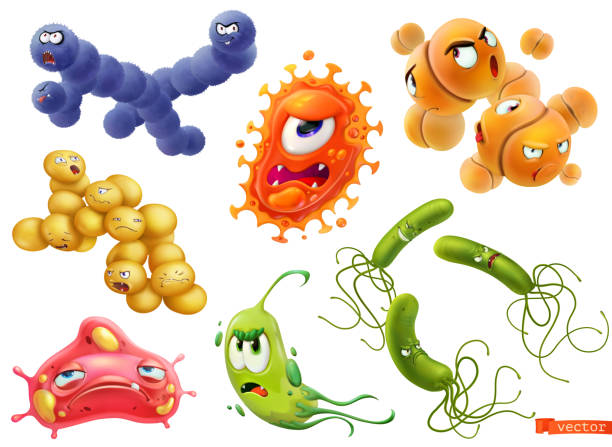 Virus, bacteria. Diplococcus, streptococcus, helicobacter pylori, pneumococcus, staphylococcus aureus. Funny monster, cartoon character. 3d vector icon set Virus, bacteria. Diplococcus, streptococcus, helicobacter pylori, pneumococcus, staphylococcus aureus. Funny monster, cartoon character. 3d vector icon set aureus stock illustrations