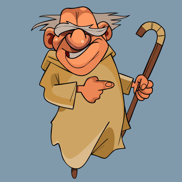 ilustrações de stock, clip art, desenhos animados e ícones de cartoon laughing elderly man in a hoodie with a cane in his hand - senior adult old obsolete dancing