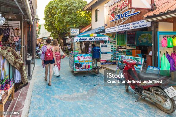 A View Of Walking Street In Ko Lipe Thailand Stock Photo - Download Image Now - Andaman Sea, Asia, Auto rickshaw