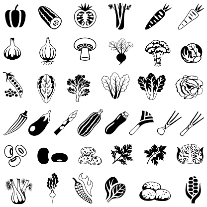 Single color black icons set of commonly consumed vegetables. Isolated.