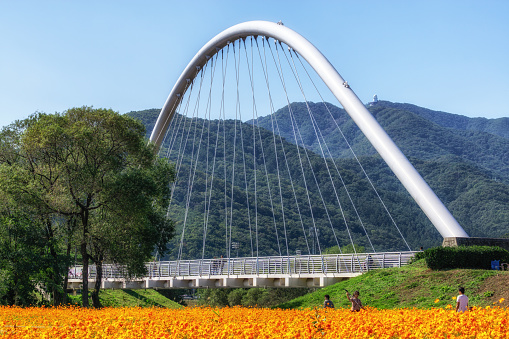 the view of the main bridge leading to the namyangju garden of water park. Taken during cosmos flower blossom season. Famous park near bukhangang river in South Korea. Taken on October 8th 2019