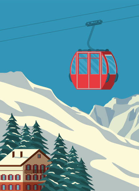 skigebiet mit roter gondelbahn, chalet, winterberglandschaft, verschneite pisten. alpen reisen retro-plakat, vintage. vektor flache illustration. - skiing winter snow mountain stock-grafiken, -clipart, -cartoons und -symbole