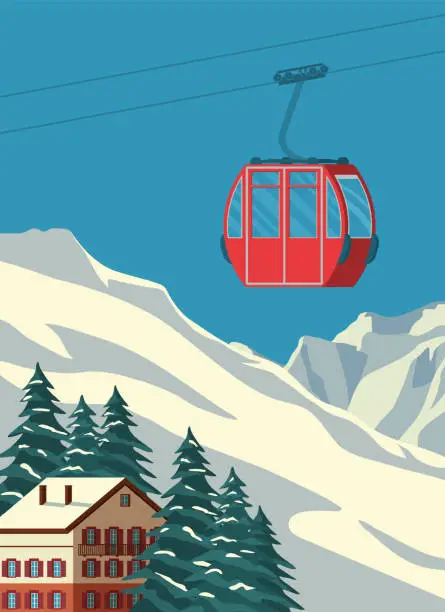 Vector illustration of Ski resort with red gondola lift, chalet, winter mountain landscape, snowy slopes. Alps travel retro poster, vintage. Vector flat illustration.