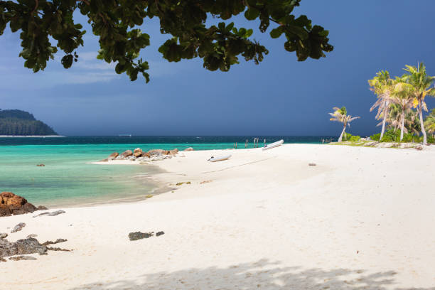 istock paradise beach in Thailand during storm with tall palms 1180009337