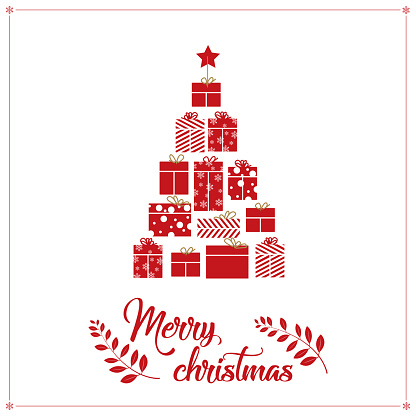 Christmas tree of presents in red with the text Merry Christmas.