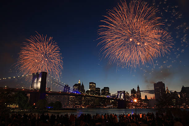 Skyline of New York at night with fireworks