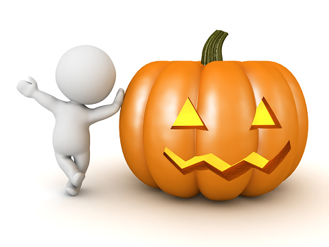 3D Character leaning on pumpkin jack o lantern. 3D Rendering isolated on white.