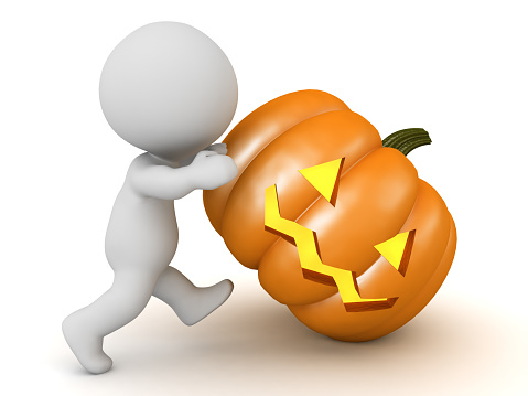 3D Character rolling a big jack o latern pumpkin. Image relating to Halloween. 3D Rendering isolated on white.