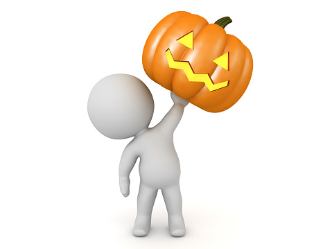 3D Character holding up a jack o latern pumpkin. 3D Rendering isolated on white.