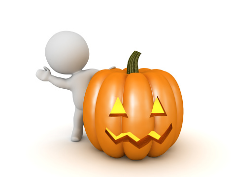 3D Character waving from behind jack o lantern. 3D Rendering isolated on white.