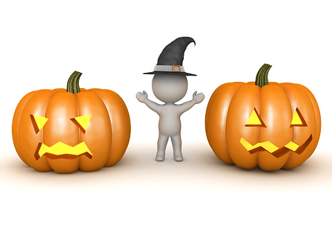 3D Witch next to two different carved pumpkins. 3D Rendering isolated on white.