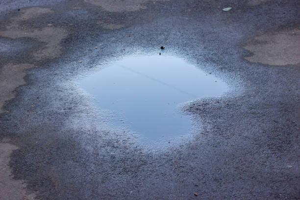 капли дождевой воды на свежем асфальте на солнце. - water puddle стоковые фото и изображения