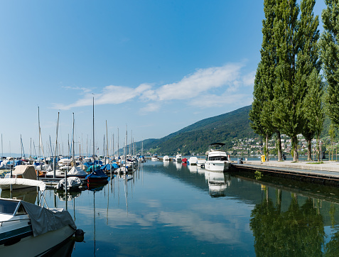 Biel, BE / Switzerland - 28 August 2019: view of the harbor on Lake Biel in Switzerland