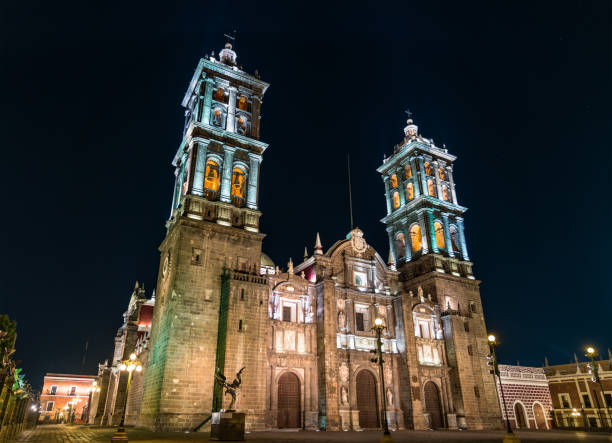 istock Puebla Cathedral in Mexico at night 1180016785
