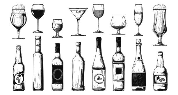 illustrazioni stock, clip art, cartoni animati e icone di tendenza di diverse bottiglie con alcool e bicchieri diversi. illustrazione vettoriale in stile schizzo. - bicchiere da vino illustrazioni