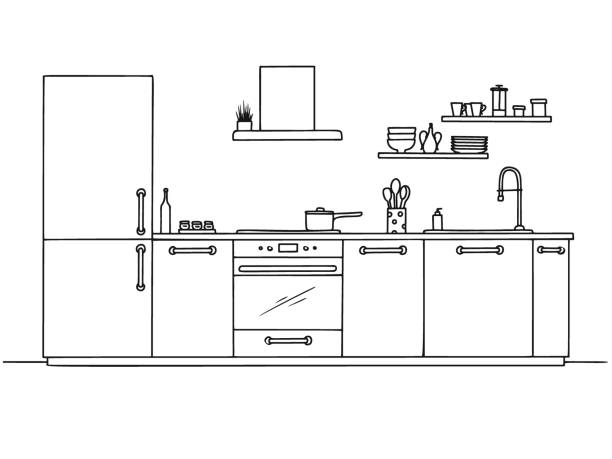 illustrazioni stock, clip art, cartoni animati e icone di tendenza di mobili da cucina disegnati a mano. illustrazione vettoriale in stile schizzo. - kitchen
