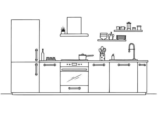 손으로 그린 주방 가구입니다. 스케치 스타일의 벡터 일러스트레이션입니다. - range hood stock illustrations