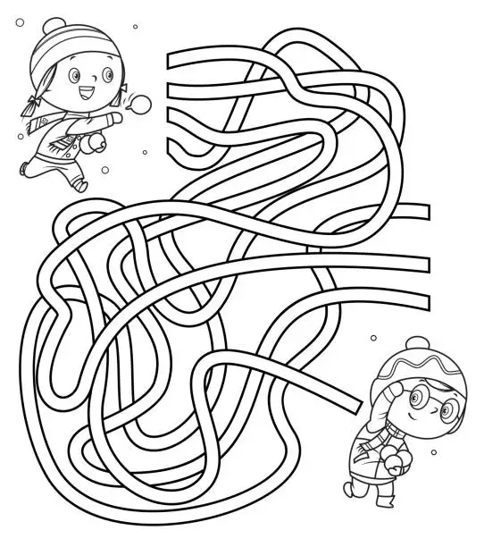 Vector illustration of Maze, Kids Playing With Snowball