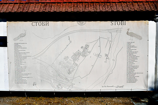 Gradsko, Macedonia - September 28, 2019: Information map with description from ancient Roman Stobi village