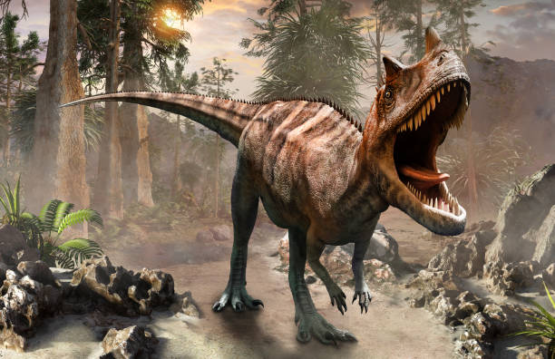 illustration 3d de scène de dinosaure de ceratosaurus - carnivore photos et images de collection