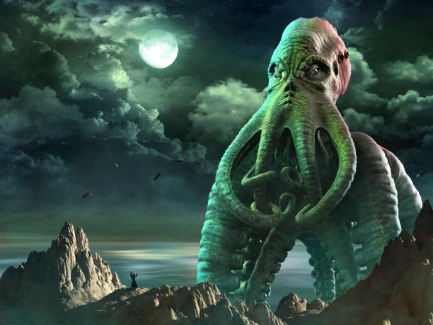 Tentacled horror scene 3D illustration Giant tentacled horror scene 3D illustration giant fictional character stock pictures, royalty-free photos & images