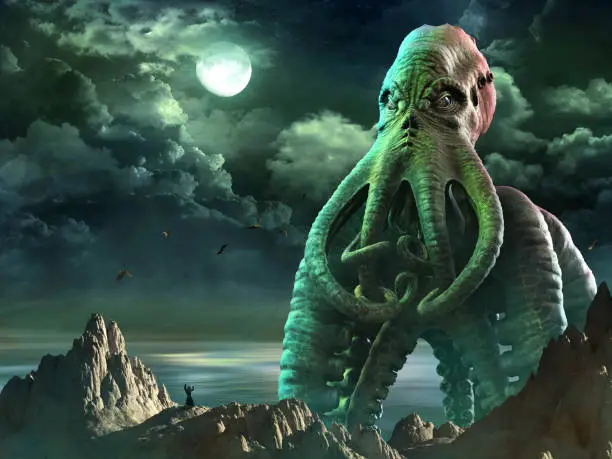 Giant tentacled horror scene 3D illustration
