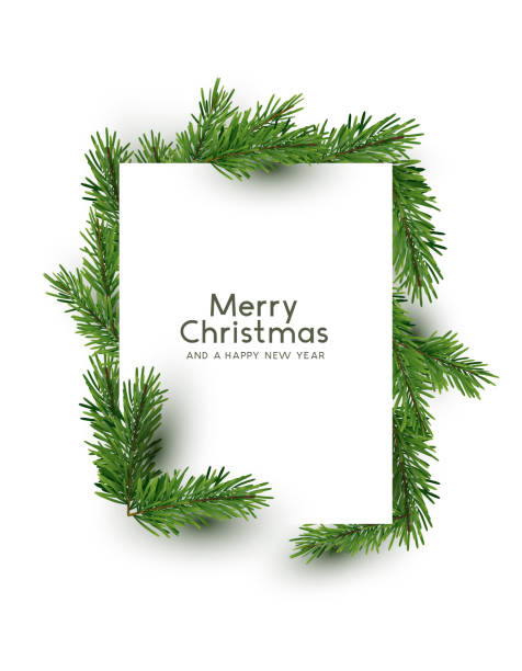 ilustraciones, imágenes clip art, dibujos animados e iconos de stock de forma de feliz navidad hecha con ramas de pino - holiday card