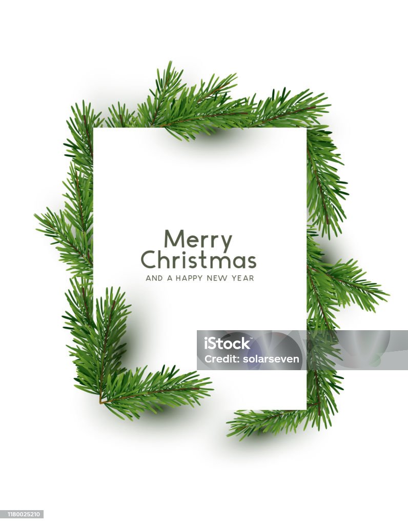 Merry Christmas Shape Made With Pine Branches A christmas rectangle shape made from natural pine branches. Top down flat lay view  - vector illustration. Christmas stock vector
