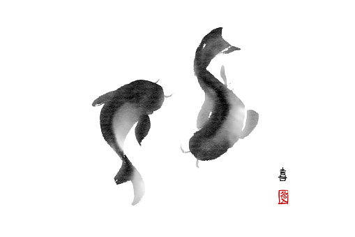 Black koi carps hand drawn in traditional Japanese style sumi-e . Contains hieroglyphs 