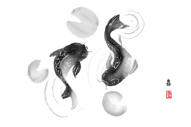 istock Black koi carps hand drawn in traditional Japanese style sumi-e . Contains hieroglyphs 