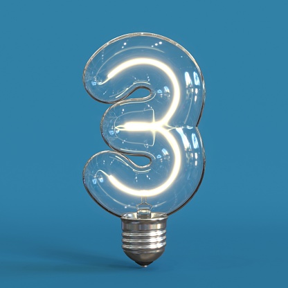 Light bulb 3d font 3d rendering number 3 isolated illustration