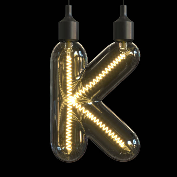 glühbirne 3d schrift 3d rendering buchstabe k - letter k alphabet three dimensional shape green stock-fotos und bilder