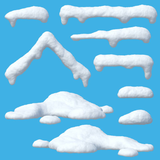 Snow caps set, icicles, snowballs and snowdrifts Snow caps set, icicles, snowballs and snowdrifts isolated on blue background 3d rendering icicle cartoon stock pictures, royalty-free photos & images