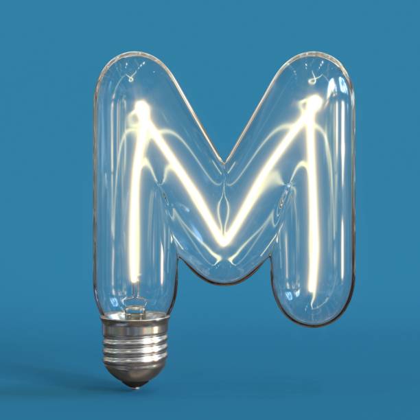 ampoule 3d police 3d lettre de rendu m - letter m alphabet three dimensional shape render photos et images de collection