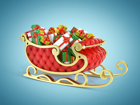 Christmas Santa sleigh full of gift boxes - red and golden sledge with presents, 3d rendering