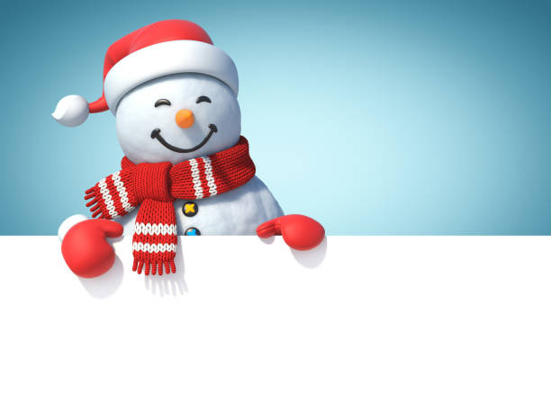 Snowman behind blank white poster Snowman behind blank white poster, copy space greeting card template, 3d rendering snowman stock pictures, royalty-free photos & images