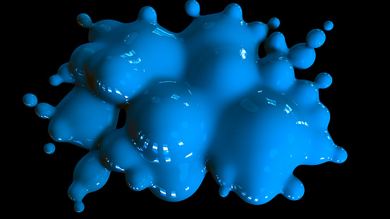 3D Rendering,Abstract close-up of blue liquid splash and drops with reflection texture, isolated on black background.
