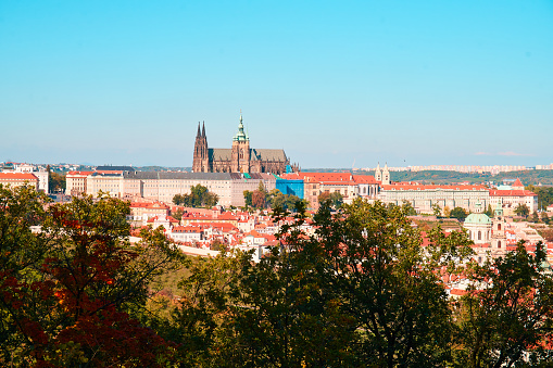 Distant view of the Prague Castle from Petrin hill, on a sunny autumn day, blue sky no clouds
