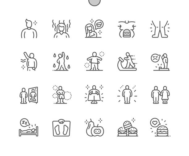 ilustrações de stock, clip art, desenhos animados e ícones de overweight well-crafted pixel perfect vector thin line icons 30 2x grid for web graphics and apps. simple minimal pictogram - man eating healthy