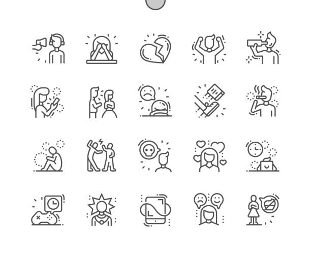 ilustrações de stock, clip art, desenhos animados e ícones de teenager problems well-crafted pixel perfect vector thin line icons 30 2x grid for web graphics and apps. simple minimal pictogram - interface icons flash
