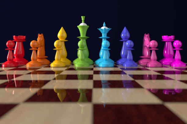 ajedrez en los colores de la comunidad lgbt. ajedrez en colores arco iris en un tablero de ajedrez. renderizado 3d, ilustración aislada en negro. - chess pawn red blue leisure games fotografías e imágenes de stock