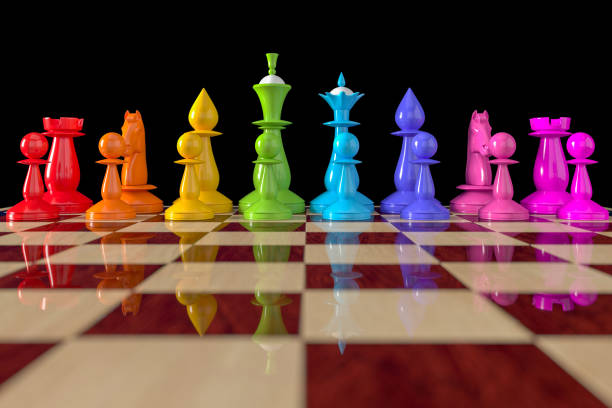 ajedrez en los colores de la comunidad lgbt. ajedrez en colores arco iris en un tablero de ajedrez. renderizado 3d, ilustración aislada en negro. - chess pawn red blue leisure games fotografías e imágenes de stock