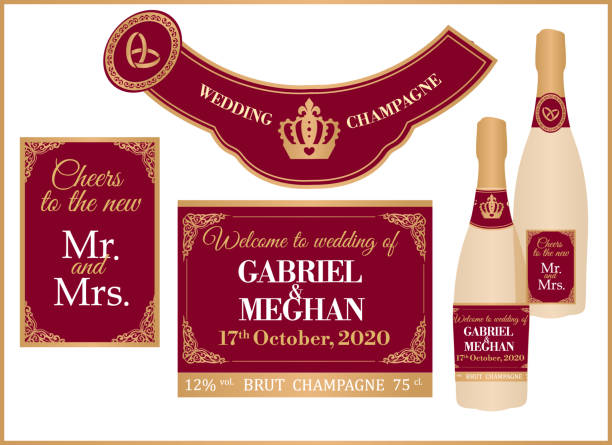 ilustraciones, imágenes clip art, dibujos animados e iconos de stock de conjunto de champán real de boda de etiquetas en botella completa y mini. - champagne