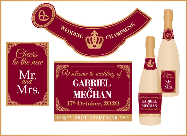 Wedding royal champagne set of labels on full and mini bottle. Deep dark red color for luxury, VIP premium celebration. Printable personalized with any name, message, date. Sparkly gold brut. Cheers! champagne stock illustrations