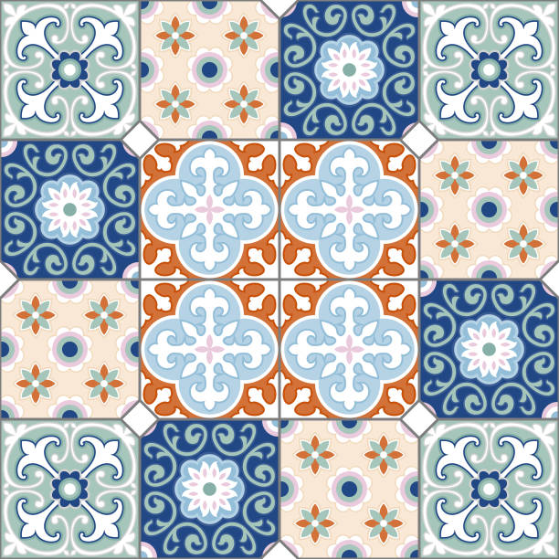 retro peranakan style tiles Retro peranakan or victorian style tiles pattern. tiled floor stock illustrations